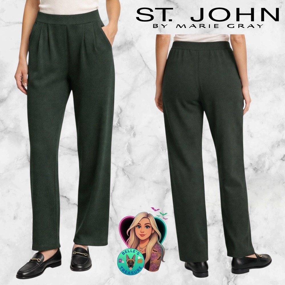 St John Women's 6 Green Santana Knit Pleated‎ Pull On Pants High Rise Wide Leg